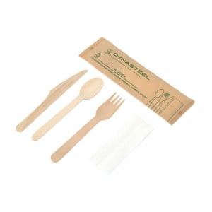 Kit de 4 Pièces - Couverts en Bois : Couteau, Fourchette, Grande Cuillère, Serviette - Lot de 500