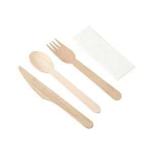 Kit de 4 Pièces - Couverts en Bois : Couteau, Fourchette, Grande Cuillère, Serviette - Lot de 500