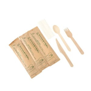 Kit de 4 Pièces - Couverts en Bois : Couteau, Fourchette, Grande Cuillère, Serviette - Lot de 500