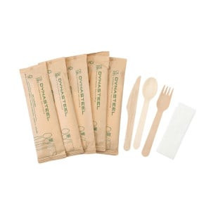 Kit de 4 Pièces - Couverts en Bois : Couteau, Fourchette, Grande Cuillère, Serviette - Lot de 500