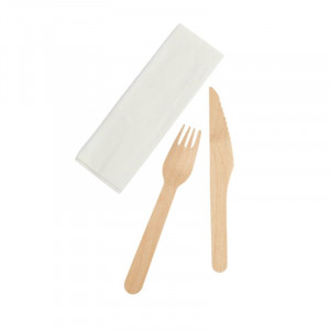 Set de Couverts en Bois 3 Pièces : Couteau, Fourchette , Serviette - Lot de 250